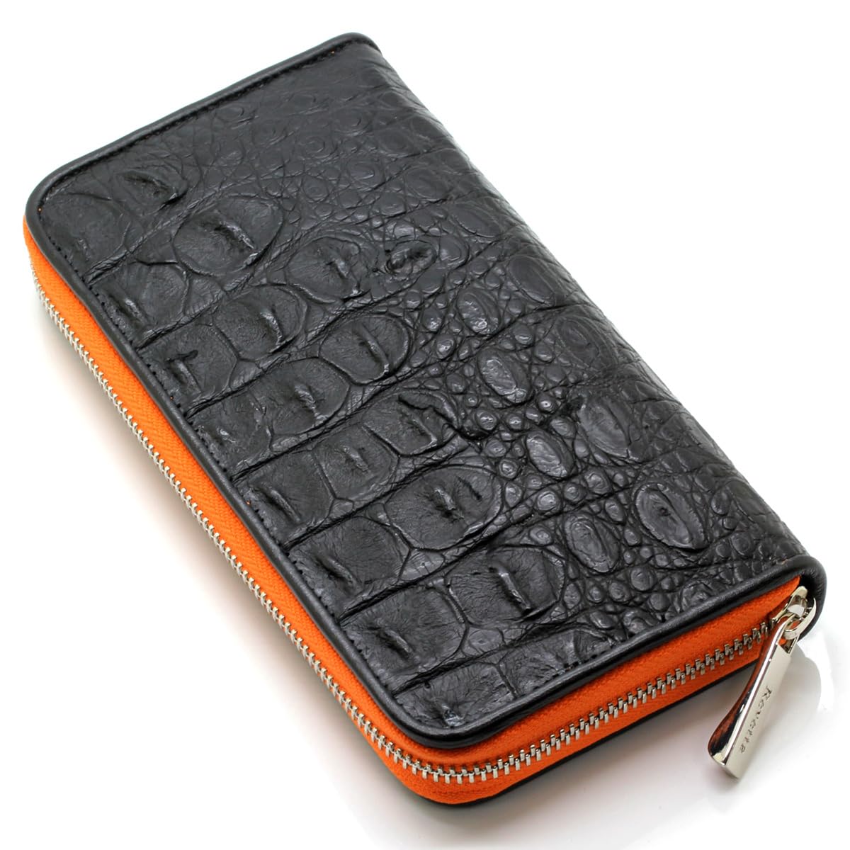 

[Revetta] Men s Crocodile Leather Long Wallet, BlackOrange, Made from a Single Piece of Genuine Leather with a Round Zipper and Matte Finish [244crw]