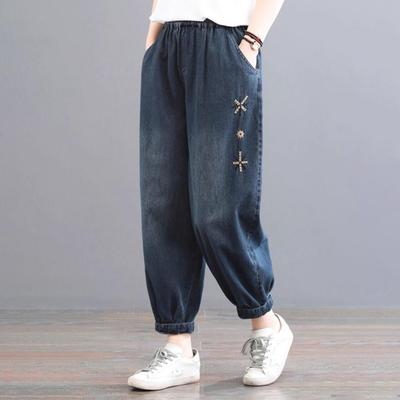 Damen Frühlings- und Sommer-Dünne Bestickte Lockere Jeans Lässige Haremshosen mit Laternenbeinen