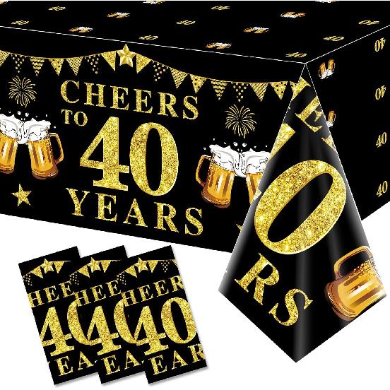 3 Pack Black Gold 40th Birthday Tablecloth Decorations for Men Women, Cheers to 40 Years Table Cover Party Supplies, Forty Years Old Birthday Black Gold 40th