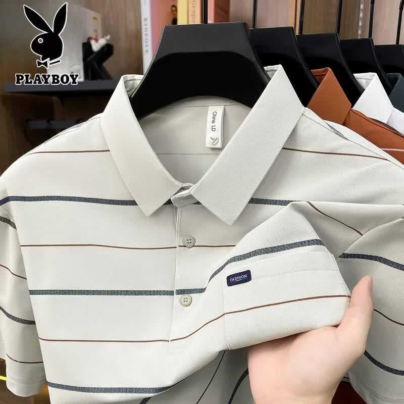 PLAYBOY Men's Short Sleeve Striped Ice Silk Polo Shirt