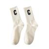 C Letter Women's Pure Cotton Breathable Mid-Calf Socks with Vertical Stripes - Slimming and Versatile Design