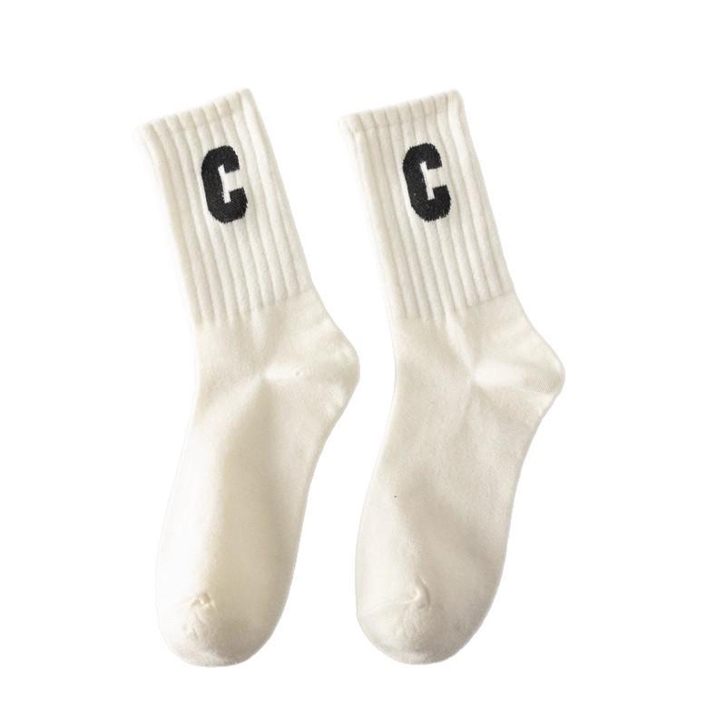 C Letter Women's Pure Cotton Breathable Mid-Calf Socks with Vertical Stripes - Slimming and Versatile Design