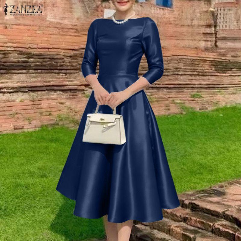 ZANZEA Women Casual Round Neck 3/4 Sleeve Elegant A-Line Dress
