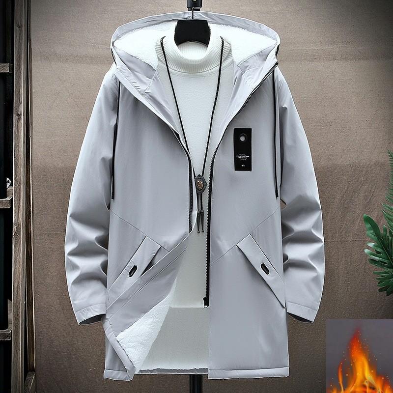 

Мужское повседневное тренчковое пальто средней длины на флисовой подкладке для осени/зимы, молодежная куртка оверсайз с капюшоном, больших размеров XS серый