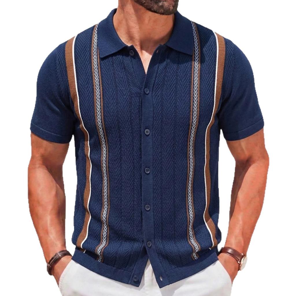 Camicie a Maniche Corte in Maglia da Uomo Casual Traspiranti a Bottoni con Colletto a Righe Top per Vacanze Estive Vintage in Maglia Camicie da Golf da Spiaggia Top per Uomo
