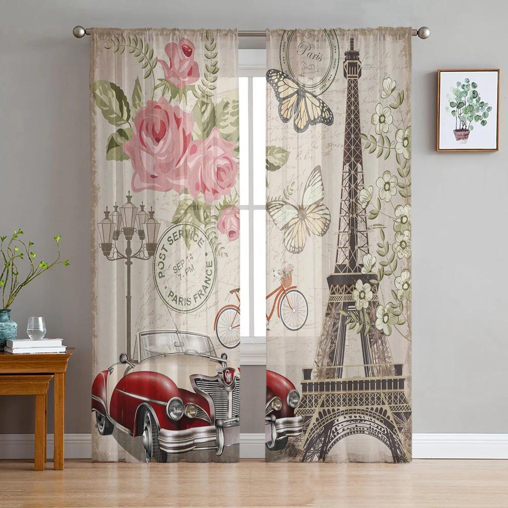 Red High Heels Eiffel Tower Butterfly Tulle Curtains for Bedroom Modern Voile Curtains Home Decoration Window Curtains