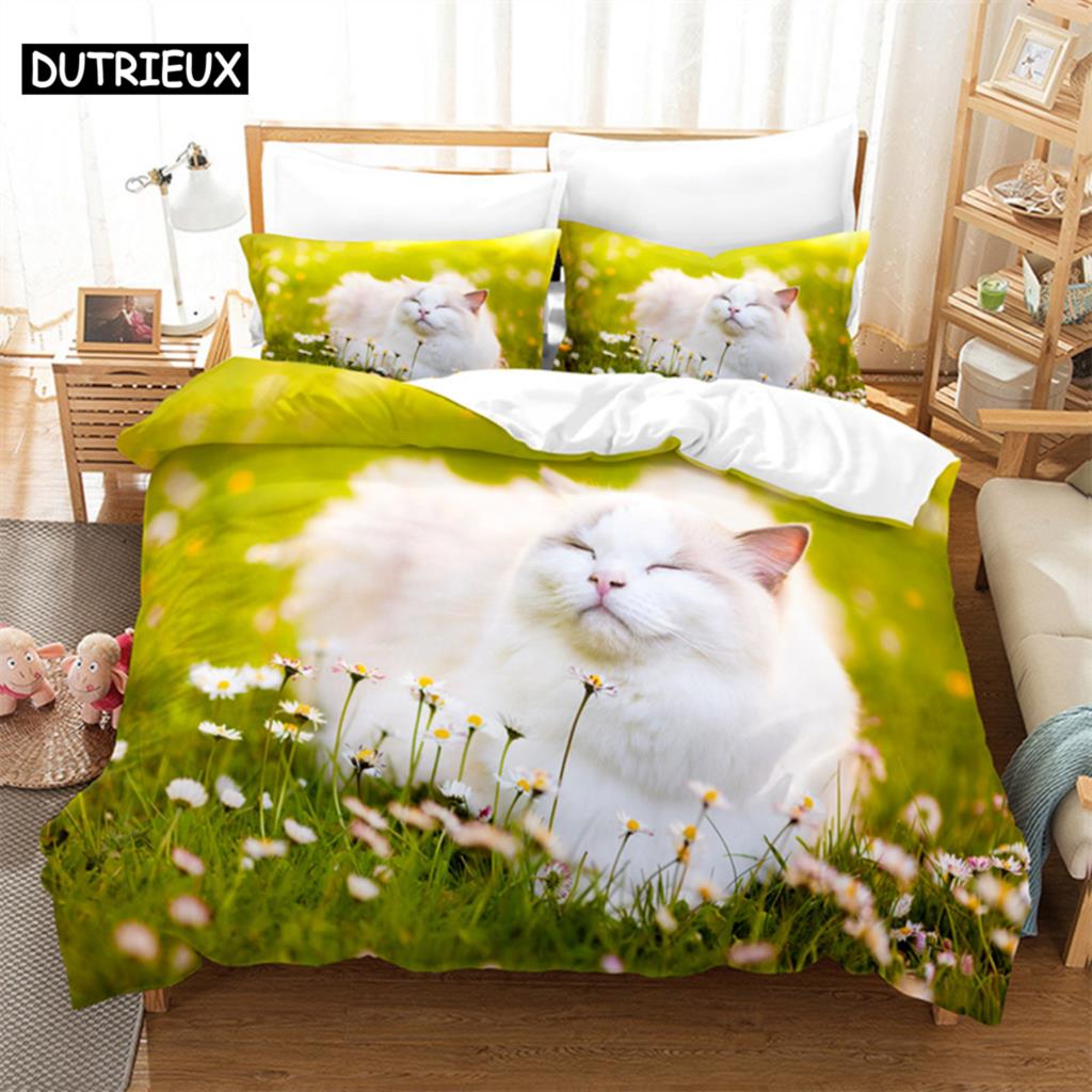 Comforter Cat Flowers Queen Bedding Set Pink Bedding Digital Printing King Size Bedding Sets