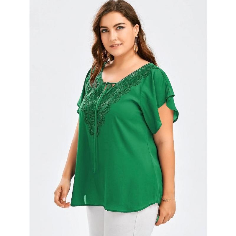 Lace V Neck Loose Women Blouse Large Size Lace-up Short Sleeve Shirts Ladies Solid Color Loose Sweet Office Elegant Fashion Simple Clothing
