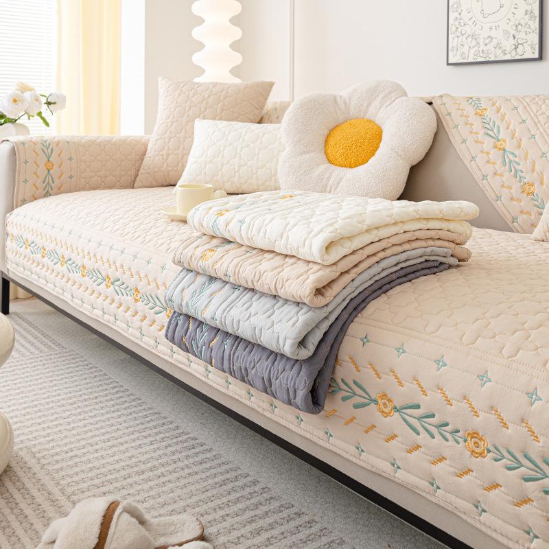 Quiltad soffhandduk Universal Halkfri Soffkudde Soffskydd Bomull Broderi Blomma Sofföverkast Möbelskydd