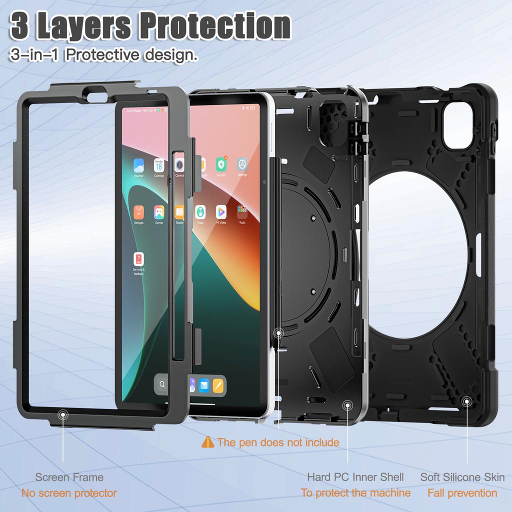 For Xiaomi Pad 5 Case Rugged Corner Protection PC+Silicone Tablet Cover with Rotating Kickstand