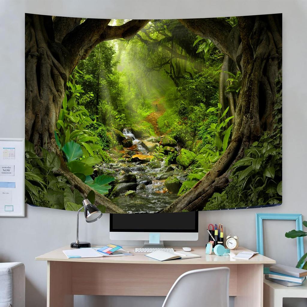 TUGCAY Misty Forest Tree Cave Tapestry Nature Green Tapestry Enchanted Rainforest Tropical Jungle Sunshine Flowing Stream Landscape Wall Tapestries