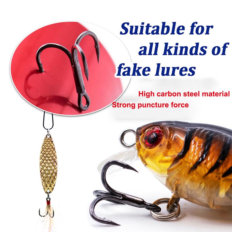 High Carbon Steel Treble Hooks 50Pcs Sharp Round Bend Strong Fish Hook Kit Split Rings for Lure Fishing