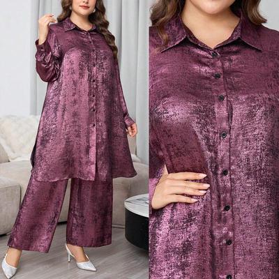 In Stock Elegant Plus Size Women's Autumn/Winter Two-piece Set: Casual Shirt & Wide-leg Pants