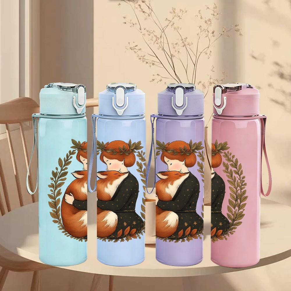 1PC Wreath Fox Couple Print 750ml Color Plastic Sports Water Bottle Leakproof Flip Straw Lid Suitable for Sports Office Home Use