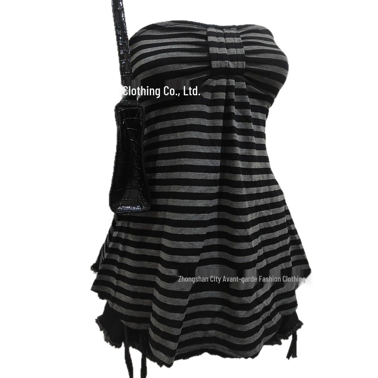 Black & Grey Striped Strapless Crop Top: Slim-fit, Flattering, Irregular Raw Hem, Fashionable. S