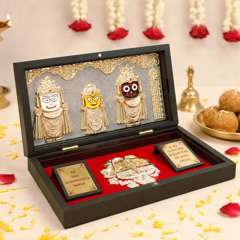 Lord Jagannath Balabhadra Subhadra Gold Plated Photo Frame with Charan Paduka Pocket Temple for Diwali Gift