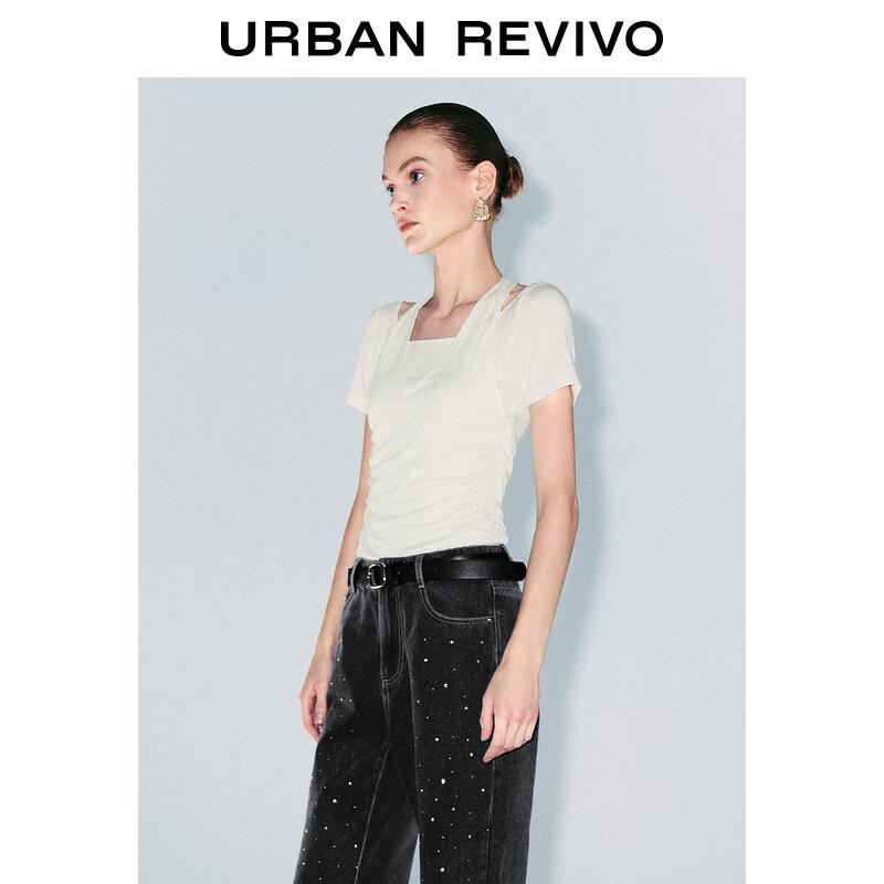 UR Women's Halter-Neck Faux Two-Piece Pleated Short Sleeve T-Shirt