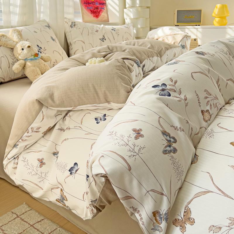 Class A Maternal And Infant Grade Bubble Cotton Bed Four-Piece Set Washed Cotton Bed Sheet Quilt Cover Bed Hat Student Dormitory 3Pcs Set