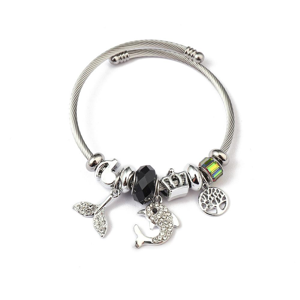 Simple Fashion Stainless Steel Bracelet With Crystal Bead Pendant Unisex Jewelry