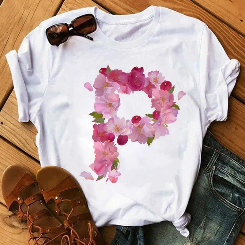 26 Letters Print T-Shirt Alphabet with Pink Flower Harajuku White Graphic Tee Casual Short Sleeve Lady Y2k Tops Women's Clothing