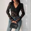 New Autumn Women's Lace Patchwork Long-sleeved V-neck See-through Jumpsuit