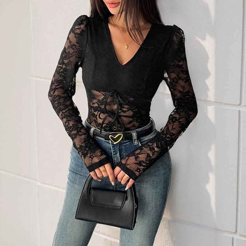 New Autumn Women's Lace Patchwork Long-sleeved V-neck See-through Jumpsuit