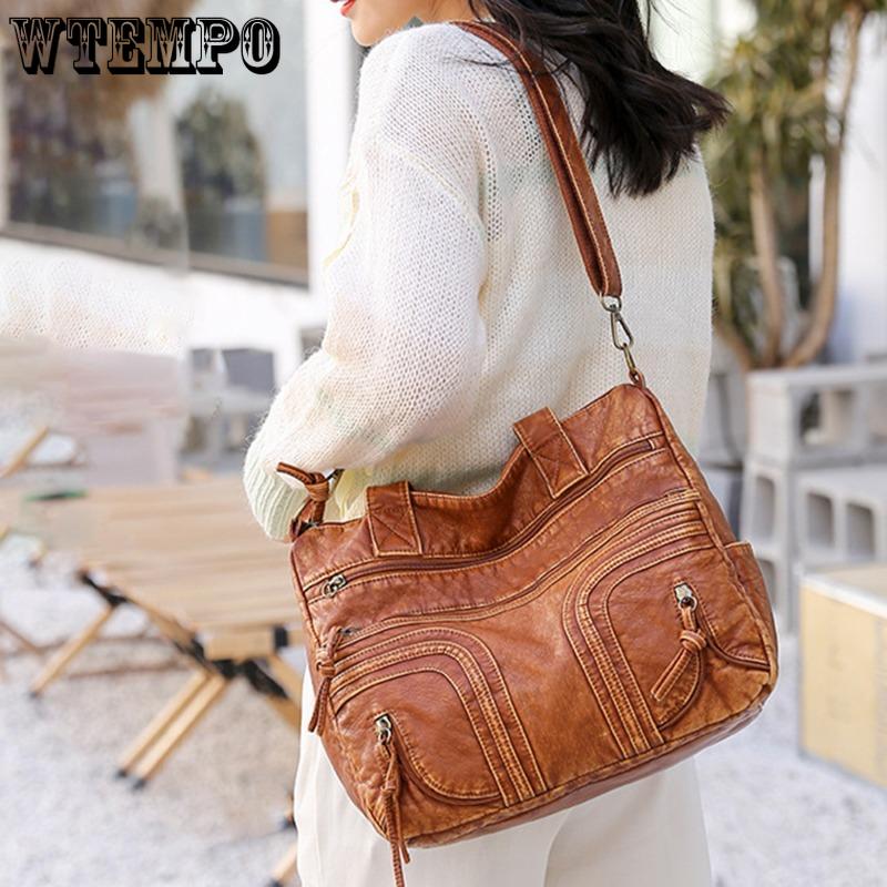 WTEMPO Retro sepraná kožená kabelka Módní Velkokapacitní vícekapsová Tote Bag Women