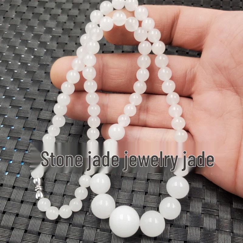 Xinjiang Hetian White Jade Necklace, A-Grade Mutton Fat Quartzite with Gold Threaded Bead Chain