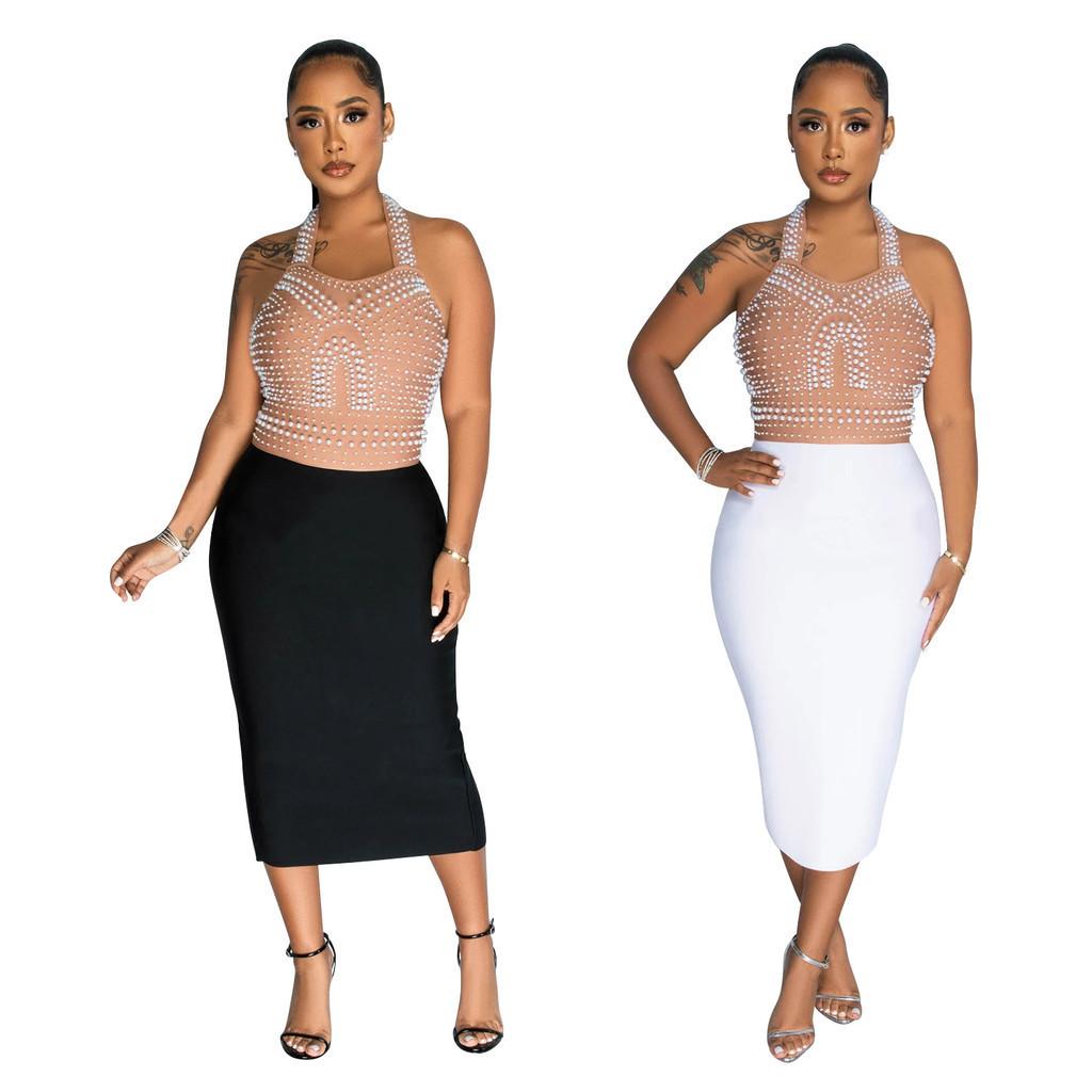 

Модное женское элегантное длинное платье без рукавов с лямкой на шее и жемчугом, свадебное платье миди, вечерние платья