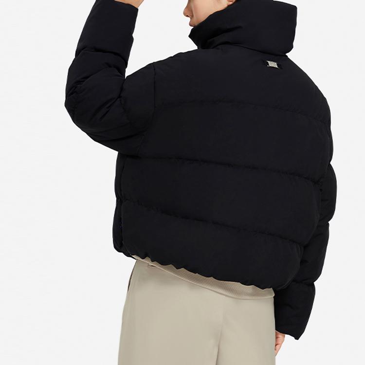 Li Ning Vital Essential Logo Metal Plaque Loose Fit Stand Collar Short Down Jacket Women Outerwear Black AYMS164-2