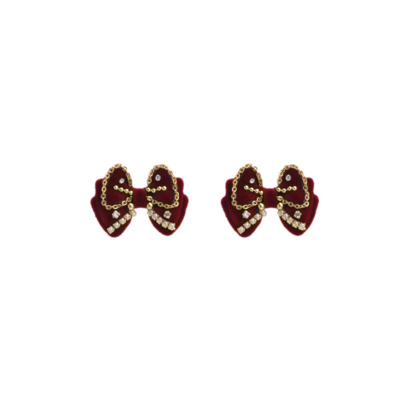 2026 Red Vintage Velvet Bowknot Earrings for Women Girls Trendy Exquisit Pearl Cystal Stud Earrings Holiday Jewelry Accessories