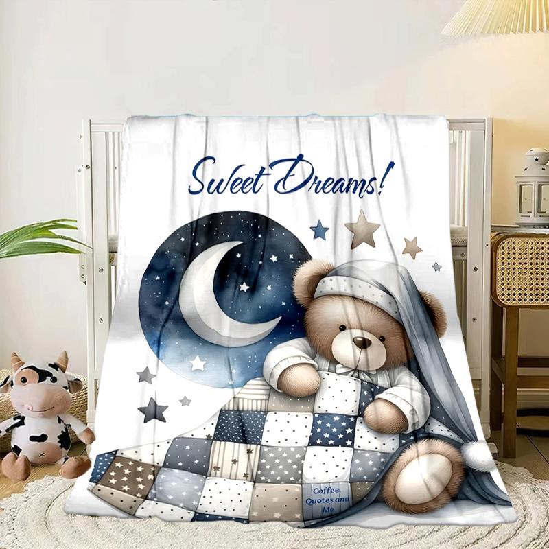 Teddy Bear Night Sky Blanket Flannel Blanket for Bed, Sofa, Camping, Hiking, Picnic Essentials, Gift for Family Fan Gifts