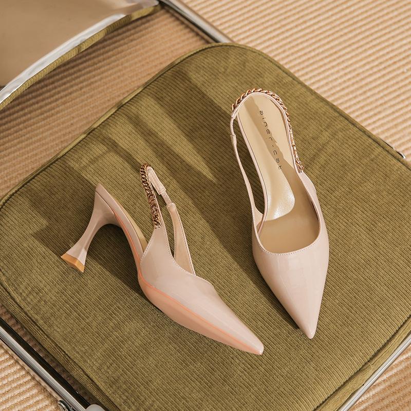 73213 [sheepskin] high heels women's thin heels 2025 new pointed empty sandals temperament commuter shoes