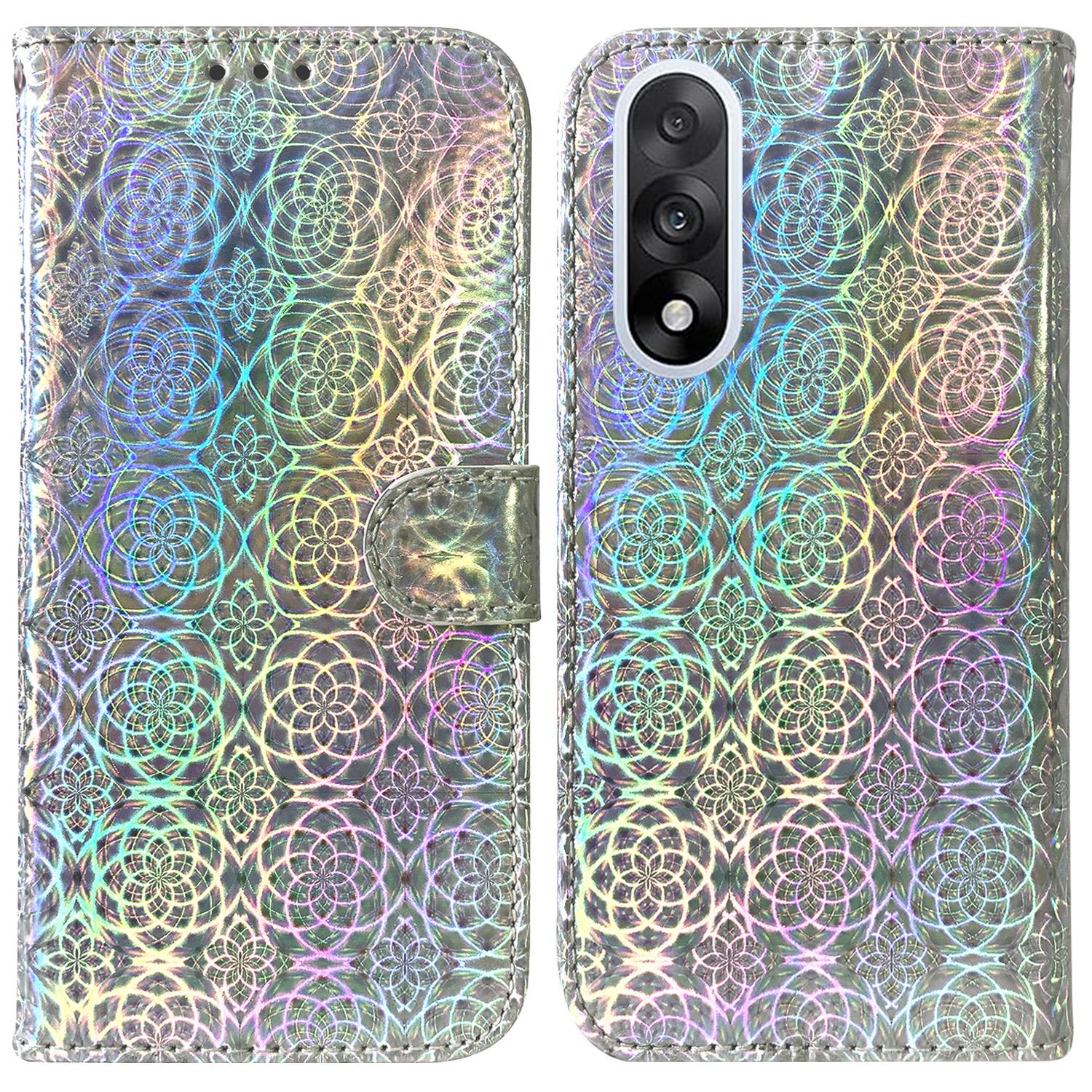 

For OnePlus Nord 5 5G Stand Case Dazzling Flower Leather Phone Cover with Wrist Strap Grey