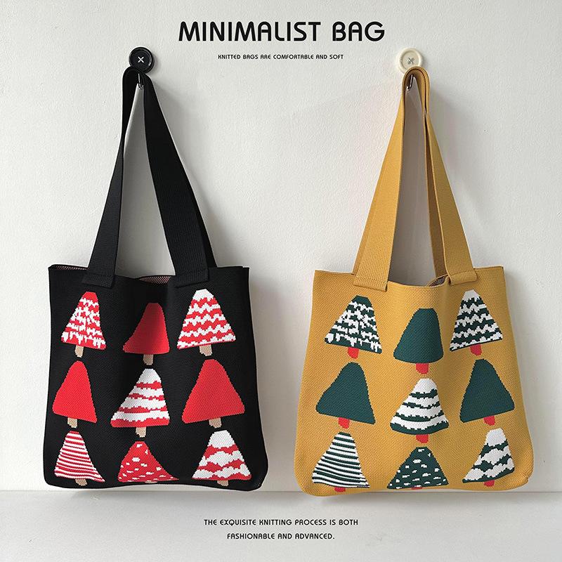 Creative Cartoon Christmas Tree Knitted Handbag Women Trend Large Capacity Student Bag Shoulder Bag