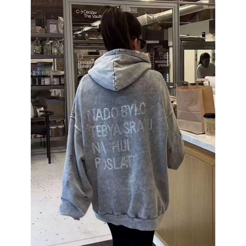 Fashion Style New Arrival Rhinestone Letter Hooded Sweatshirt Loose Tops Diamond Studded Hooded Top