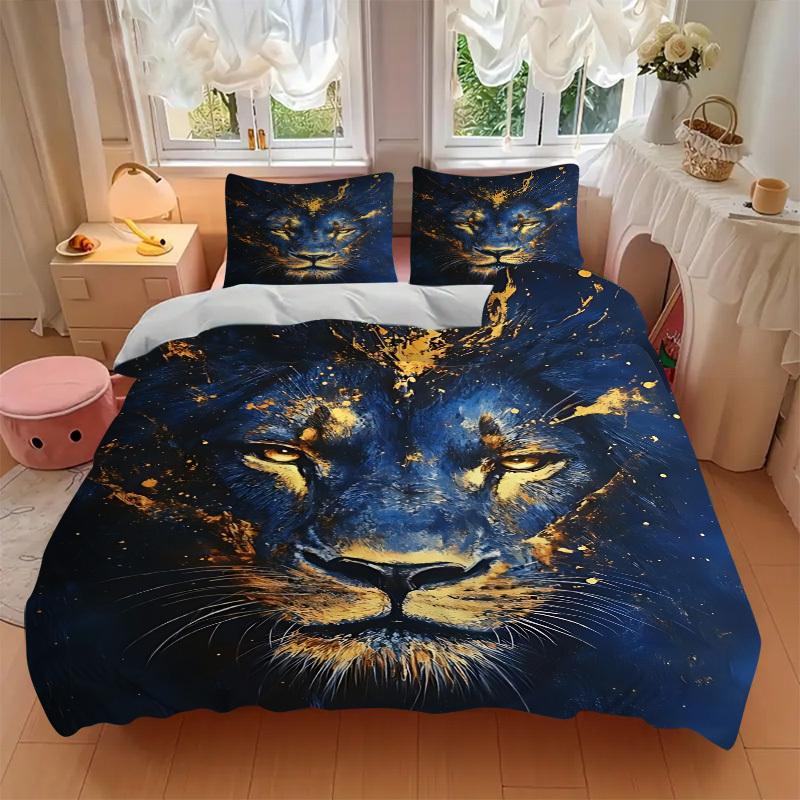 3pcs Lion Face Artwork Duvet Cover Set - Machine Washable, Includes 1 Cover and 2 Pillowcases, No Core Included Yy251013045