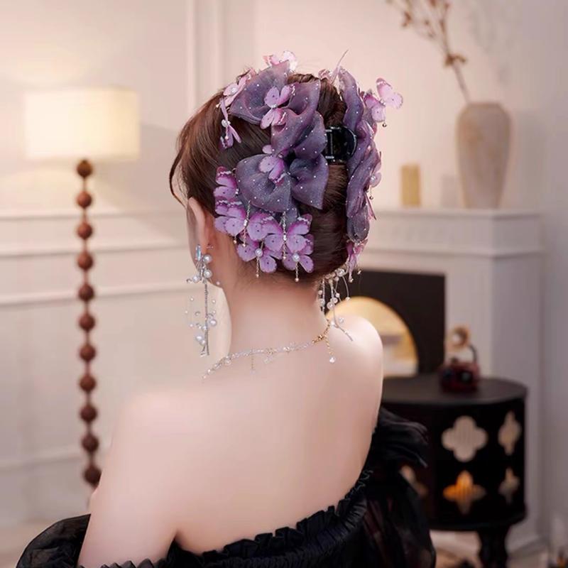 Fashion Elegant Butterfly Tassel Hair Claw Temperamental Mesh Shark Clip Ponytail Hair Clip Hair Accessory For Women