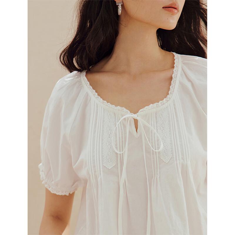 INMAN Women's French Lace Puff Sleeve Short Smocked Shirt