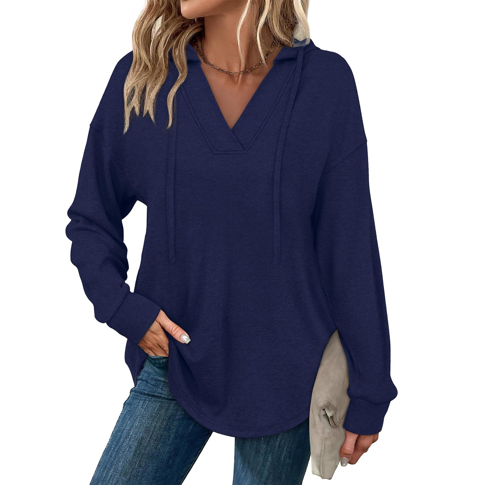 

Women s Fashion Solid-Color Long-Sleeve Hooded V-Neck Casual Sweatshirt Top M тёмно-синий