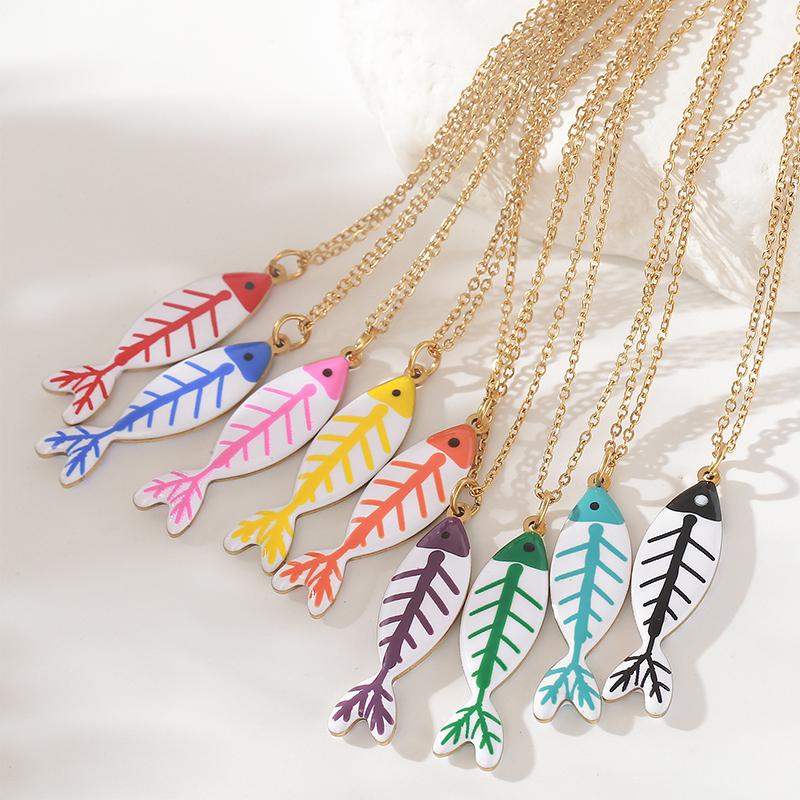 Cute Colorful Enamel Fish Pendant Necklaces For Women Girls Lovely Stainless Steel Gold Color Summer Waterproof Beach Jewelry