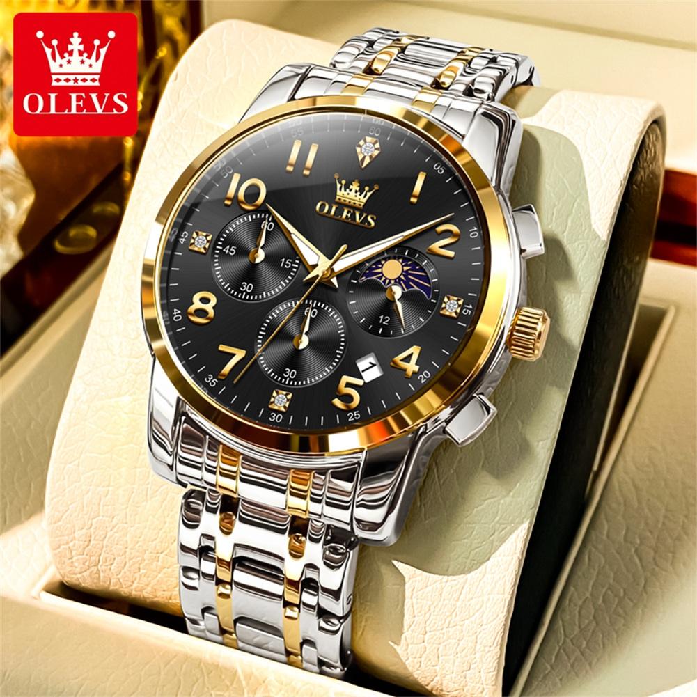 OLEVS Mulitifunction Quartz Watch for Men Original Stainless Steel Waterproof Luminous Chronograph Moon Phase Man Watch