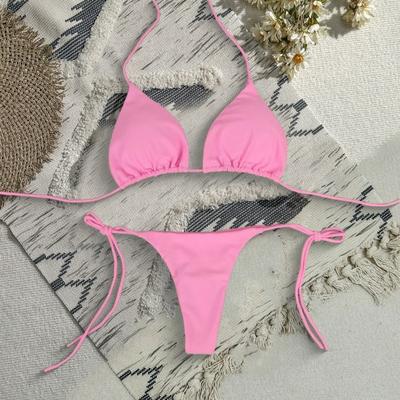 2 stuks/set dames driehoek bikini halternek badkleding met borstvullingen vetersluiting string