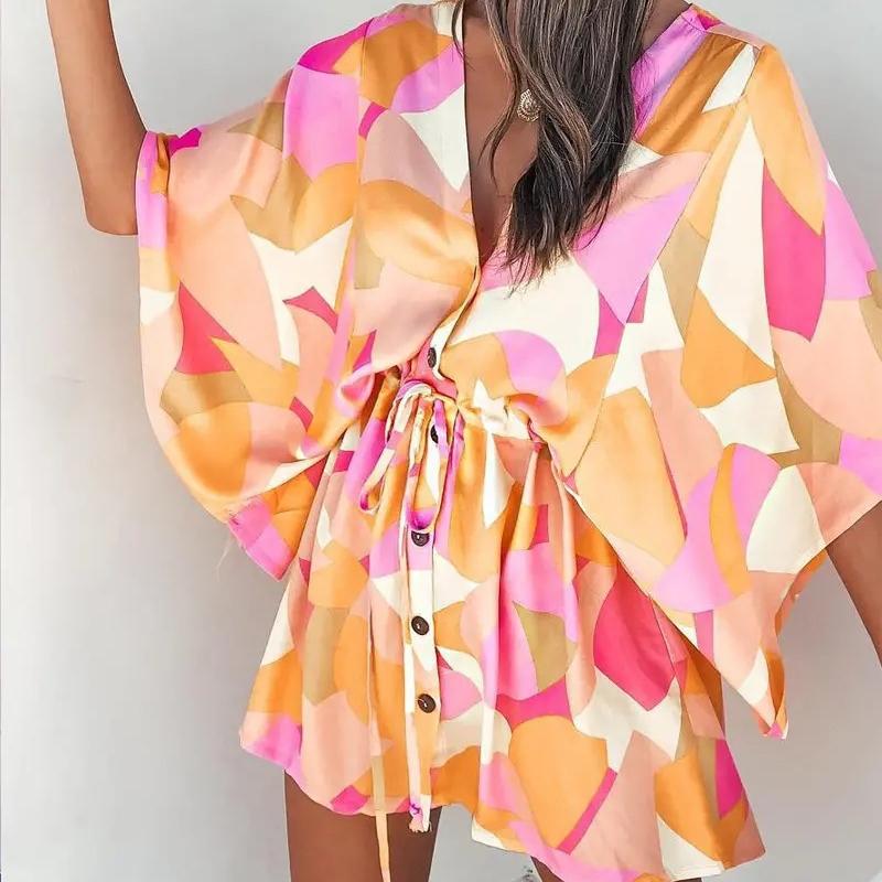 BITCED Women's Summer Batwing SleeveV-neck Lace-up Casual Resort Dresses