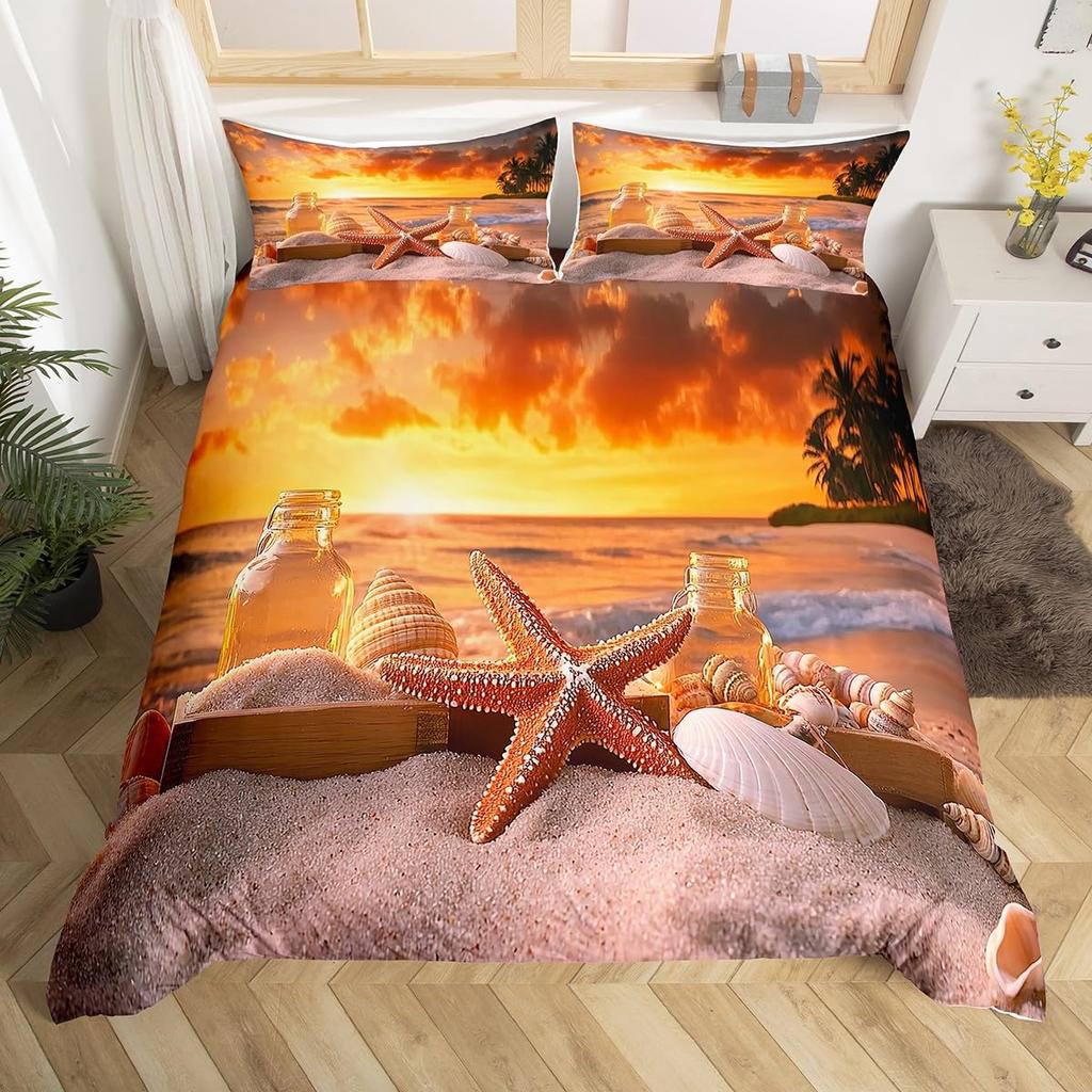 Summer Beach Theme Duvet Cover Twin Queen, Starfish Conch Seashell Bedding Set for Boys Girls Bedroom, Ocean Animal Bed Cover