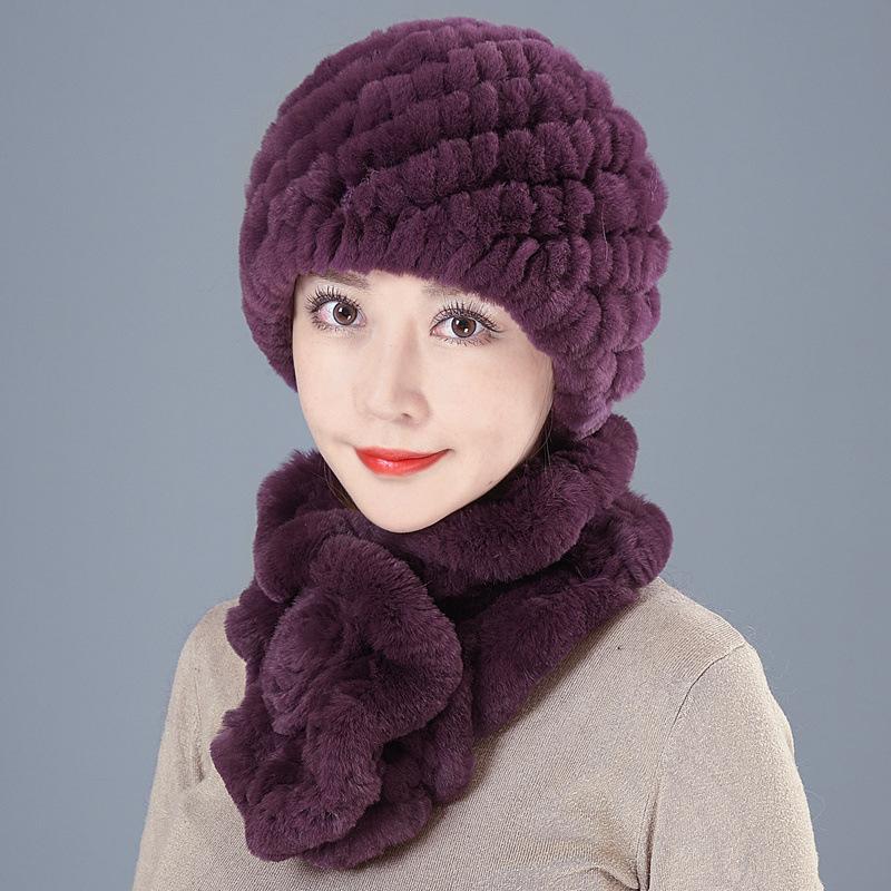 Middle-aged Rex rabbit hair hat female autumn and winter warm elderly grandmother ear protection fur mother wool scarf