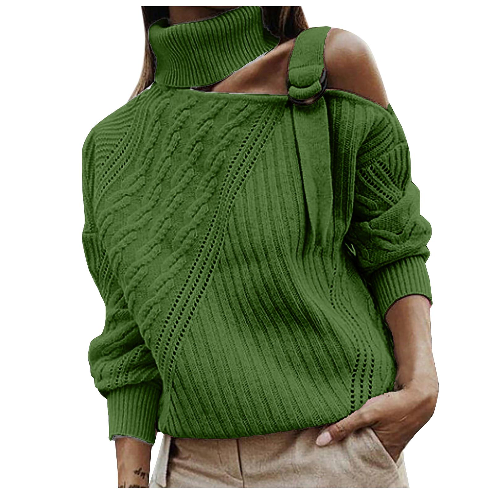 

(SU)Женский осенне-зимний повседневный свободный однотонный вязаный свитер с длинными рукавами и воротником-стойкой без бретелек с одной стороны