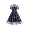 Women's Crew Neck Short Sleeve Midi Dress A Line Mid Waist Mesh Floral Embroidery Swing Dress Vintage Evening Party Dress