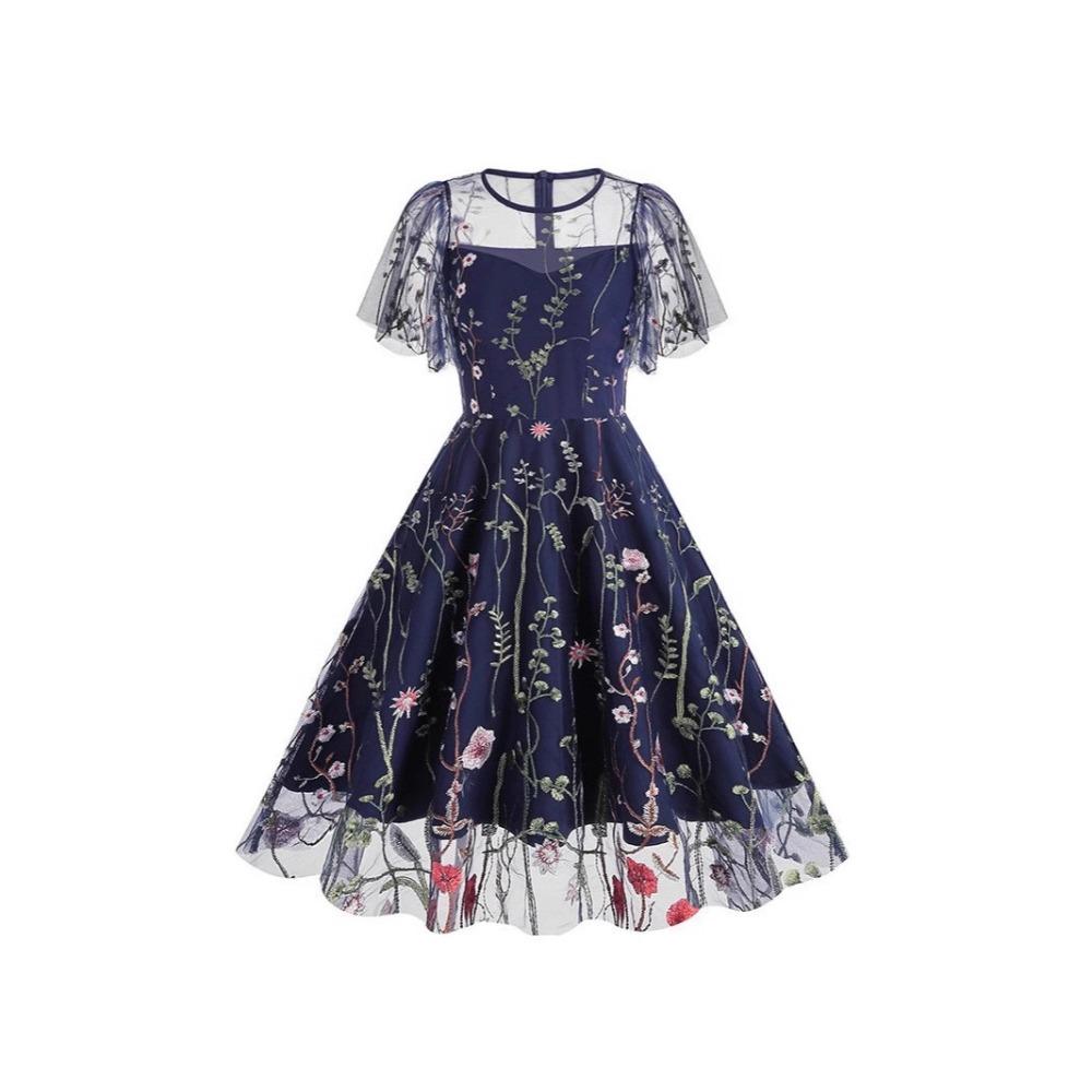 Women's Crew Neck Short Sleeve Midi Dress A Line Mid Waist Mesh Floral Embroidery Swing Dress Vintage Evening Party Dress