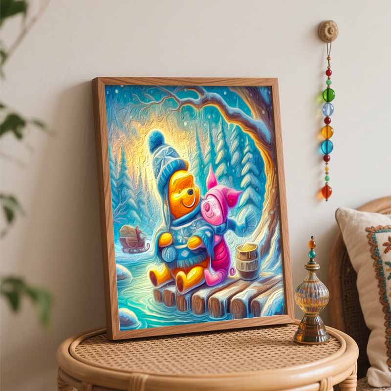 Disney Winter Winnie Piglet Oil Paint Art Painting Kit Home Wall Decor Handmade Gift Holiday Snow Pine Tree Cozy Artwork Craft Supplies
